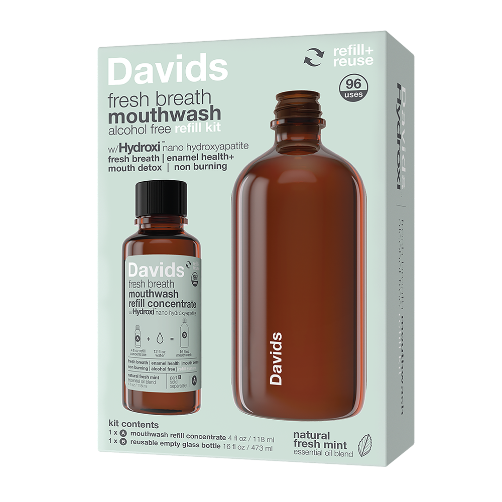 Davids Hydroxi™ fresh breath mouthwash - natural fresh mint mouthwash refill kit w empty glass bottle (refills sold separately)