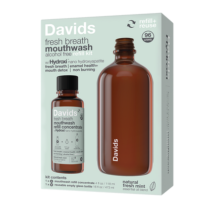 Davids Hydroxi™ fresh breath mouthwash - natural fresh mint mouthwash refill kit w empty glass bottle (refills sold separately)