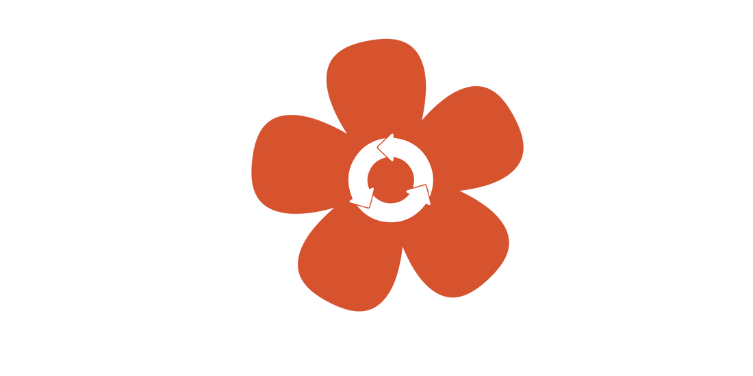 Orange flower logo with a white center on a white background